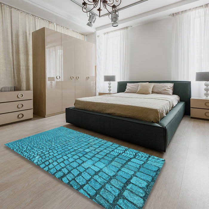 Patterned Dark Cyan Green Rug in a Bedroom, pat2181lblu