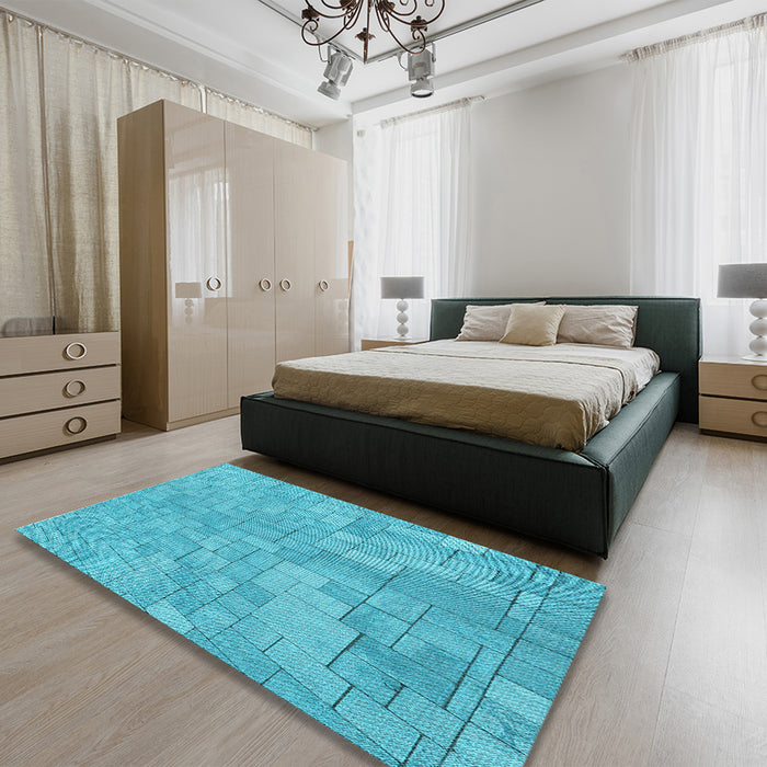 Patterned Dark Turquoise Green Rug in a Bedroom, pat2183lblu