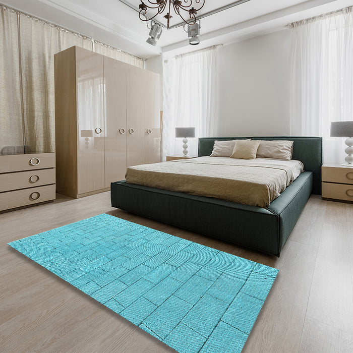 Patterned Dark Turquoise Green Rug in a Bedroom, pat2186lblu