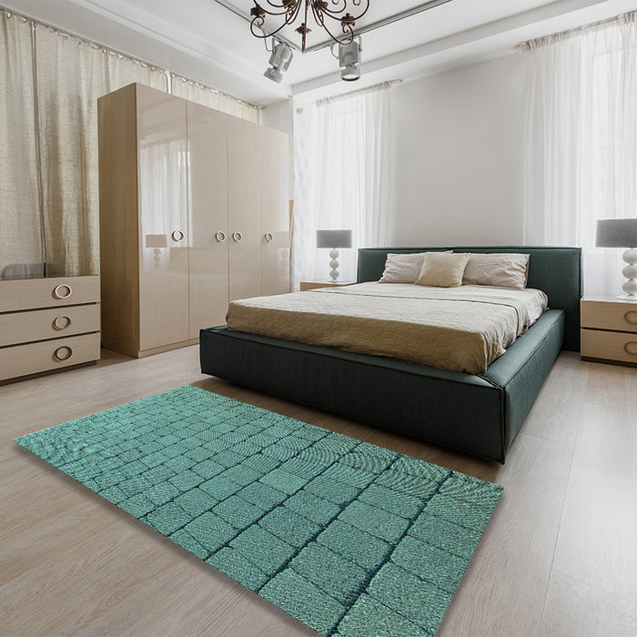Patterned Deep-Sea Green Rug in a Bedroom, pat2194lblu