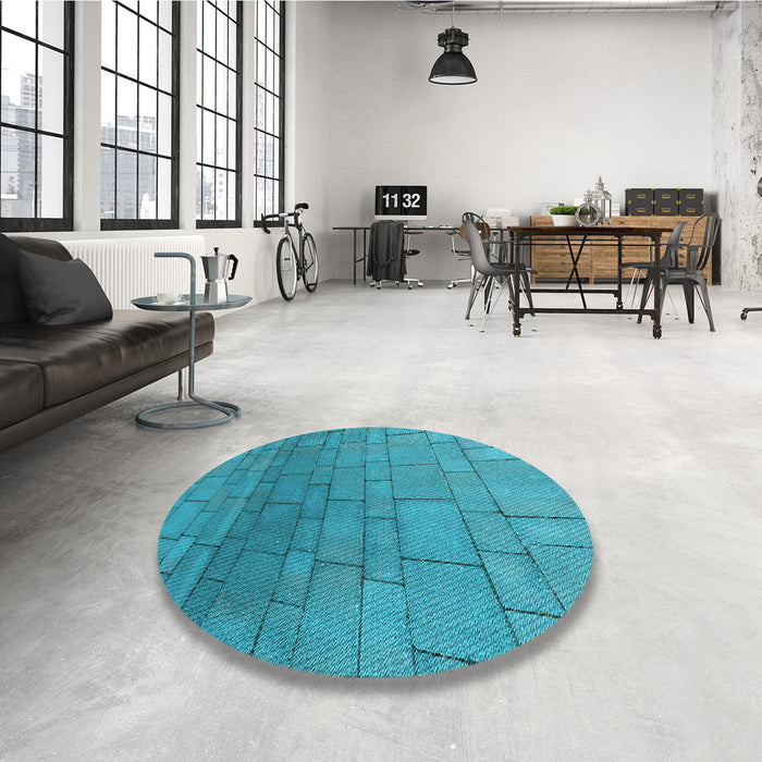 Round Patterned Bright Turquoise Blue Rug in a Office, pat2195lblu