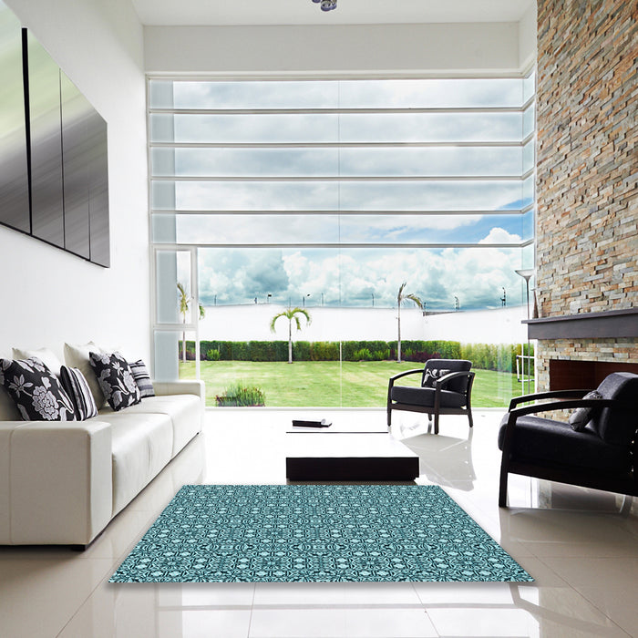 Machine Washable Transitional Medium Teal Green Rug in a Kitchen, wshpat2205lblu