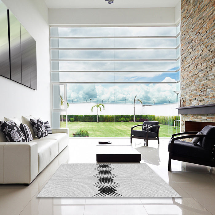 Square Patterned Off-White Novelty Rug in a Living Room, pat2212