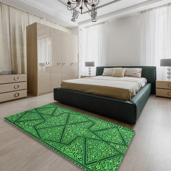Patterned Deep Emerald Green Rug in a Bedroom, pat2216grn