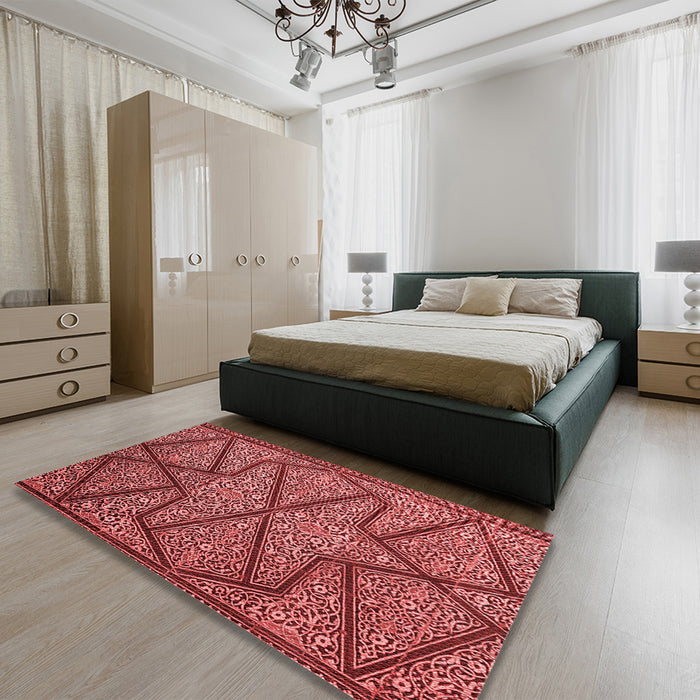 Patterned Cranberry Red Rug in a Bedroom, pat2216rd