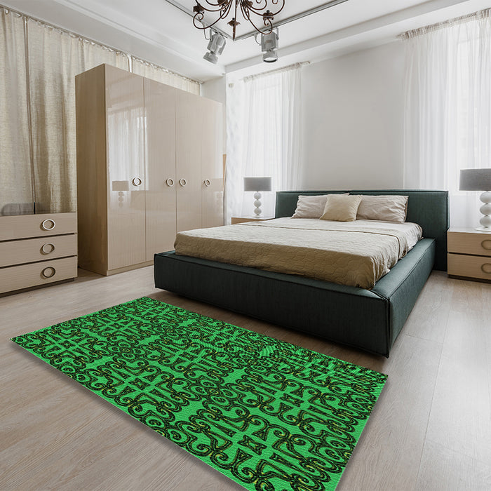 Patterned Dark Forest Green Rug in a Bedroom, pat2219grn