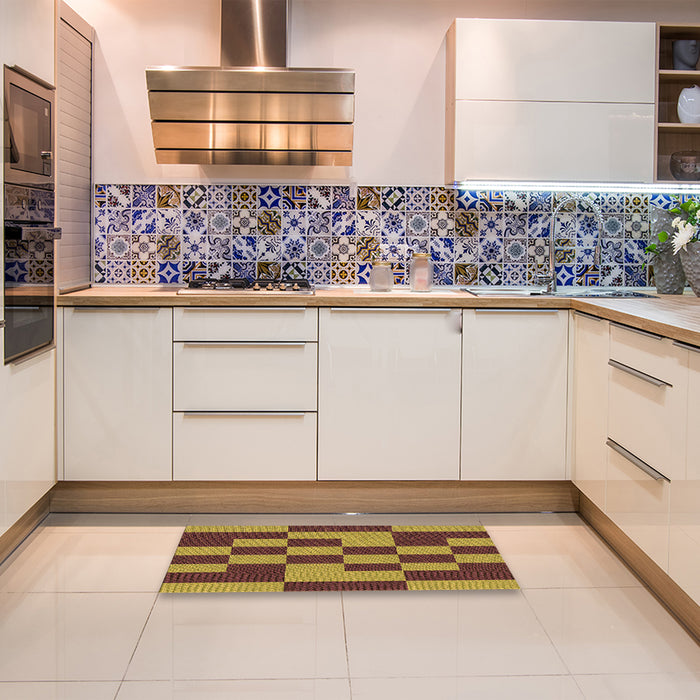 Patterned Saffron Red Rug in a Kitchen, pat222org