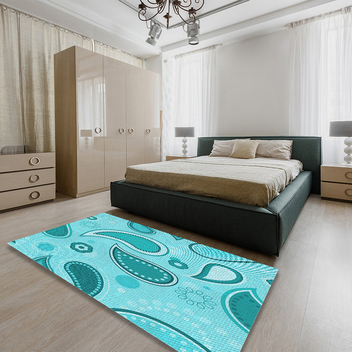 Round Machine Washable Transitional Dark Turquoise Green Rug in a Office, wshpat2221lblu