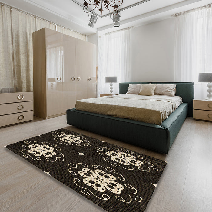 Patterned Black Rug in a Bedroom, pat2222brn
