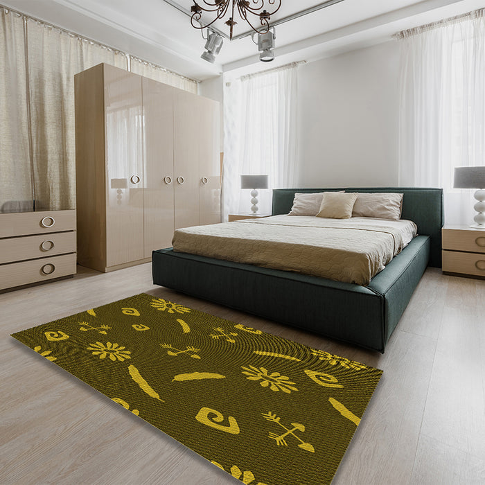 Patterned Dark Yellow Green Rug in a Bedroom, pat2238yw