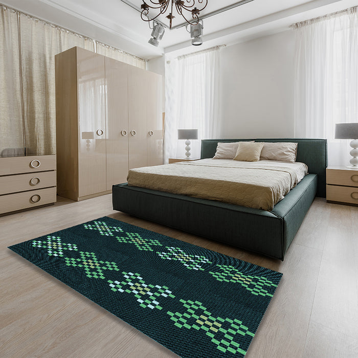 Patterned Black Rug in a Bedroom, pat2242lblu