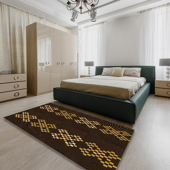 Patterned Saddle Brown Rug in a Bedroom, pat2242org