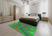 Patterned Forest Green Modern Rug in a Bedroom, pat2246