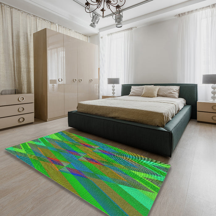 Patterned Forest Green Modern Rug in a Bedroom, pat2246