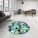 Round Patterned Dark Blue Grey Blue Rug in a Office, pat2247lblu