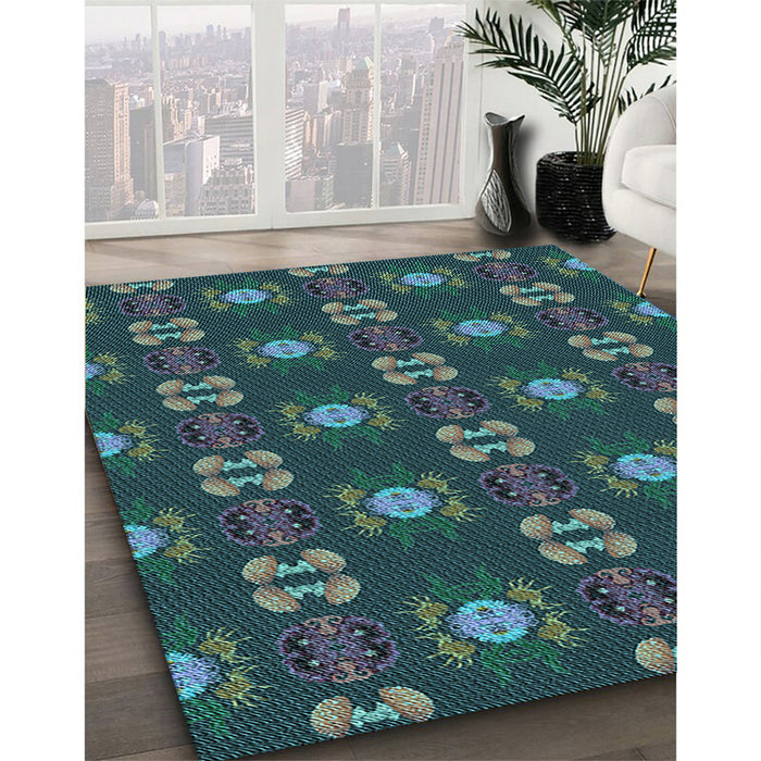 Patterned Deep-Sea Green Rug in Family Room, pat2257lblu