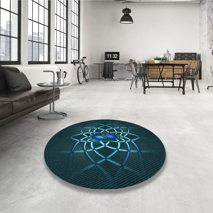 Round Patterned Dark Cyan Green Rug in a Office, pat2258lblu