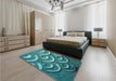 Patterned Dark Turquoise Green Rug in a Bedroom, pat2259lblu