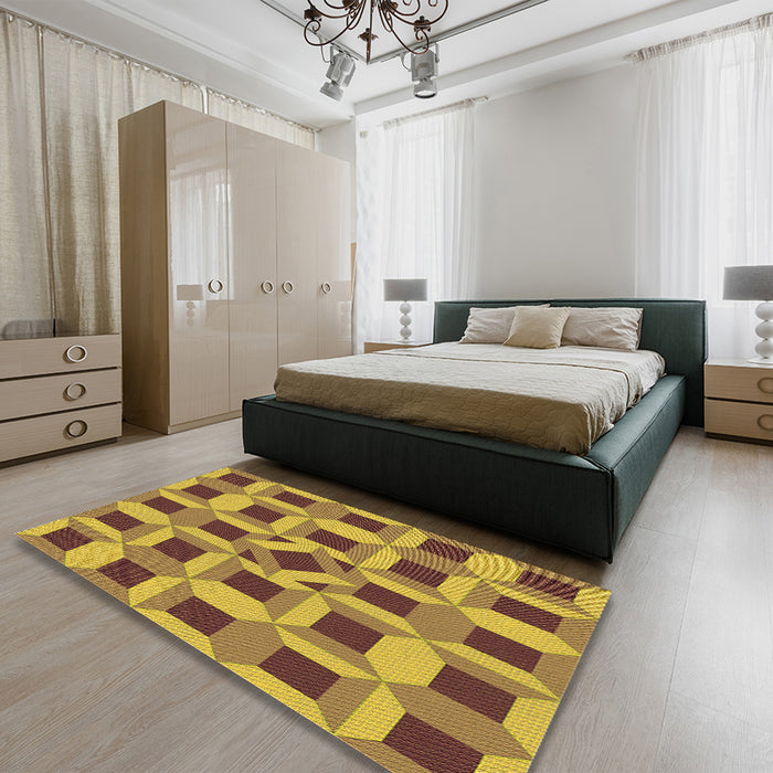 Patterned Saddle Brown Rug in a Bedroom, pat226org