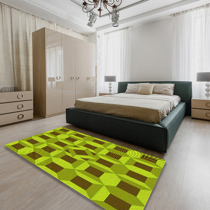 Patterned Olive Green Rug in a Bedroom, pat226yw