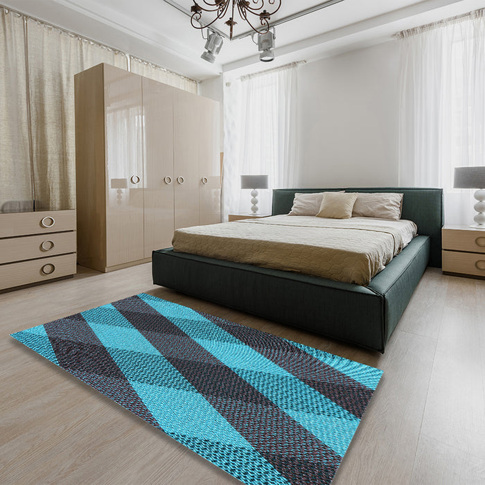 Patterned Bright Turquoise Blue Rug in a Bedroom, pat2260lblu