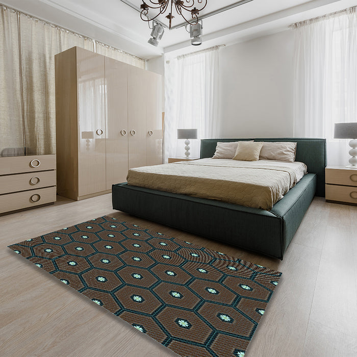 Patterned Midnight Gray Rug in a Bedroom, pat2272lblu