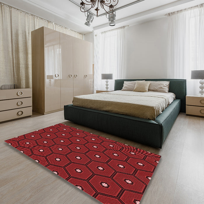 Patterned Tomato Red Rug in a Bedroom, pat2272rd