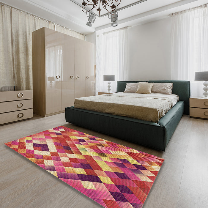 Patterned Crimson Red Rug in a Bedroom, pat2273brn