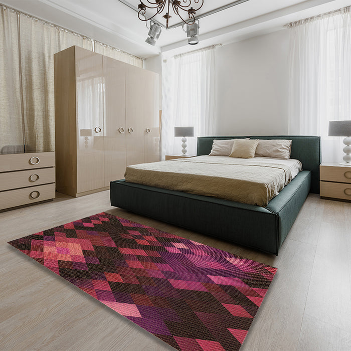Patterned Brown Red Rug in a Bedroom, pat2274brn