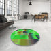 Round Patterned Neon Green Rug in a Office, pat2286grn