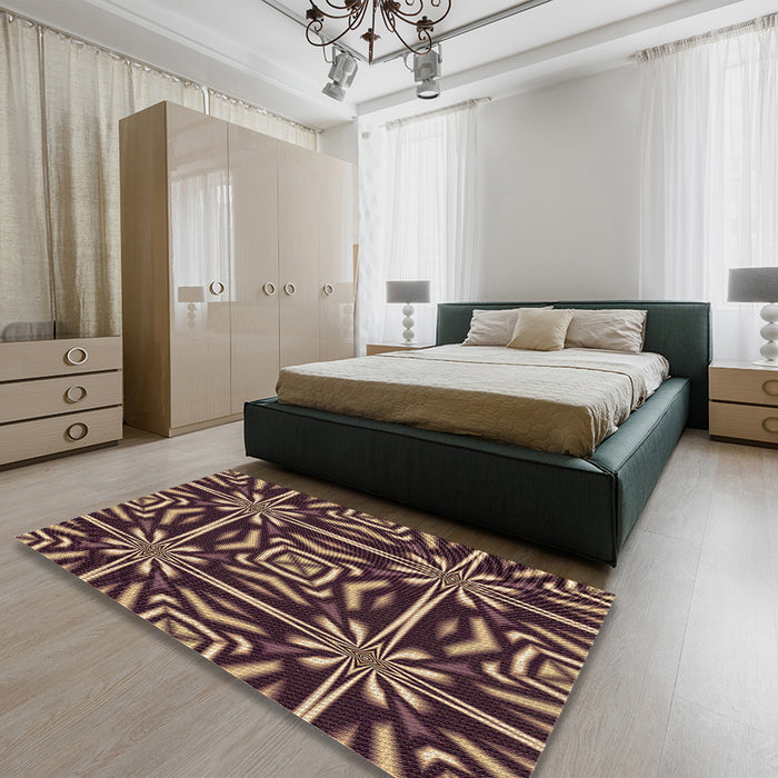 Patterned Purple Lily Purple Rug in a Bedroom, pat2291brn