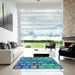 Square Patterned Dark Turquoise Green Rug in a Living Room, pat2293lblu