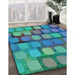 Patterned Dark Turquoise Green Rug in Family Room, pat2293lblu