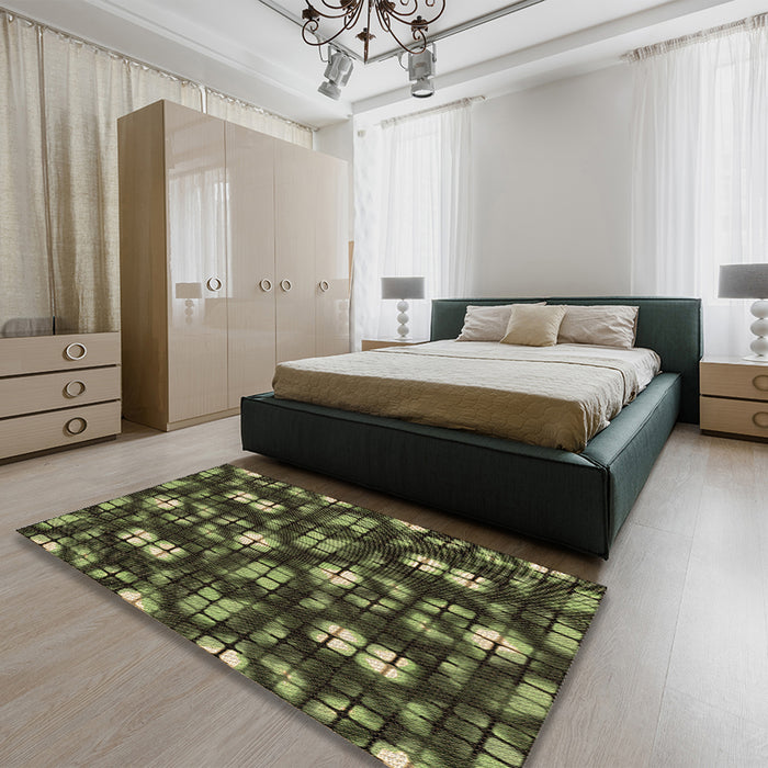 Patterned Olive Green Rug in a Bedroom, pat2294brn