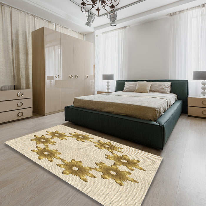 Round Machine Washable Transitional Vanilla Gold Rug in a Office, wshpat2302brn