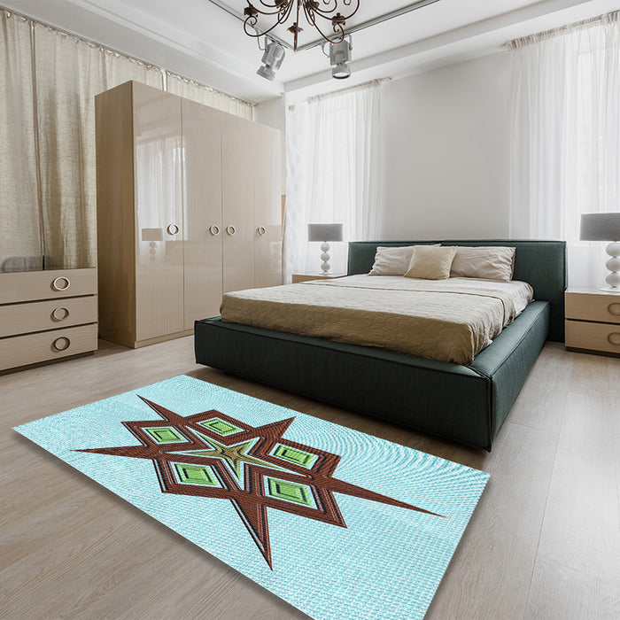 Patterned Electric Blue Rug in a Bedroom, pat2303lblu