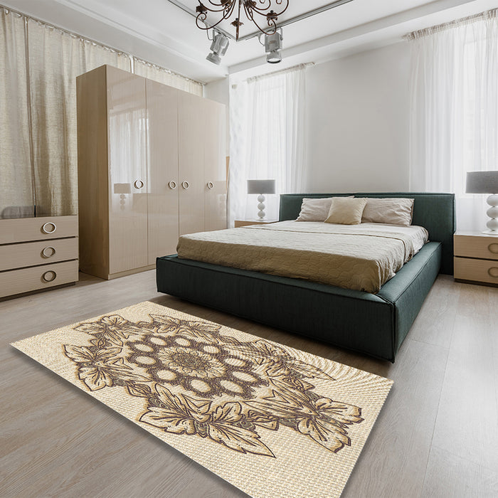 Round Machine Washable Transitional Khaki Gold Rug in a Office, wshpat2304brn