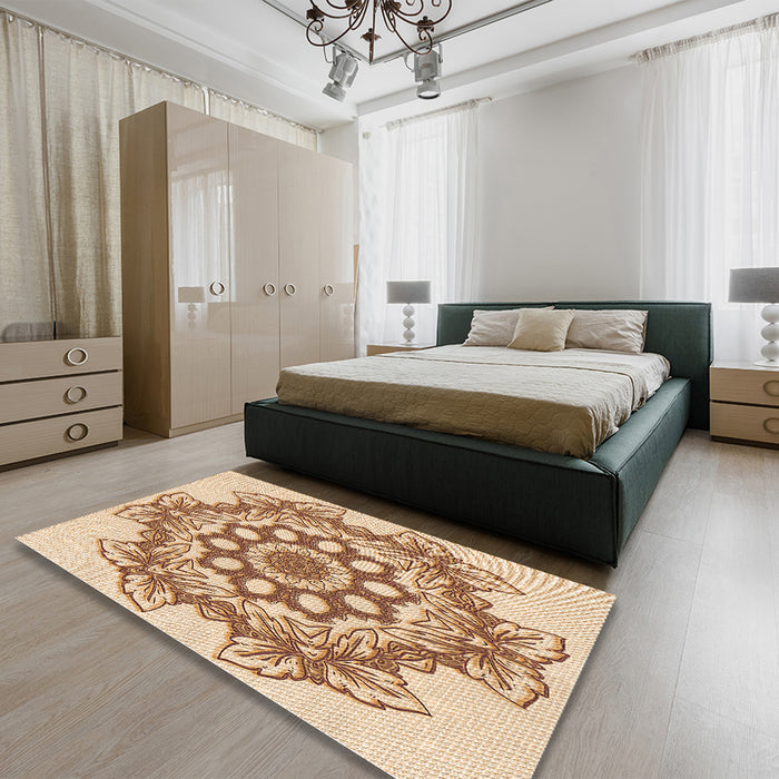 Patterned Khaki Gold Rug in a Bedroom, pat2304org