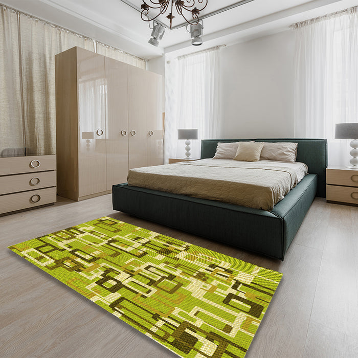 Patterned Dark Yellow Green Rug in a Bedroom, pat2307yw