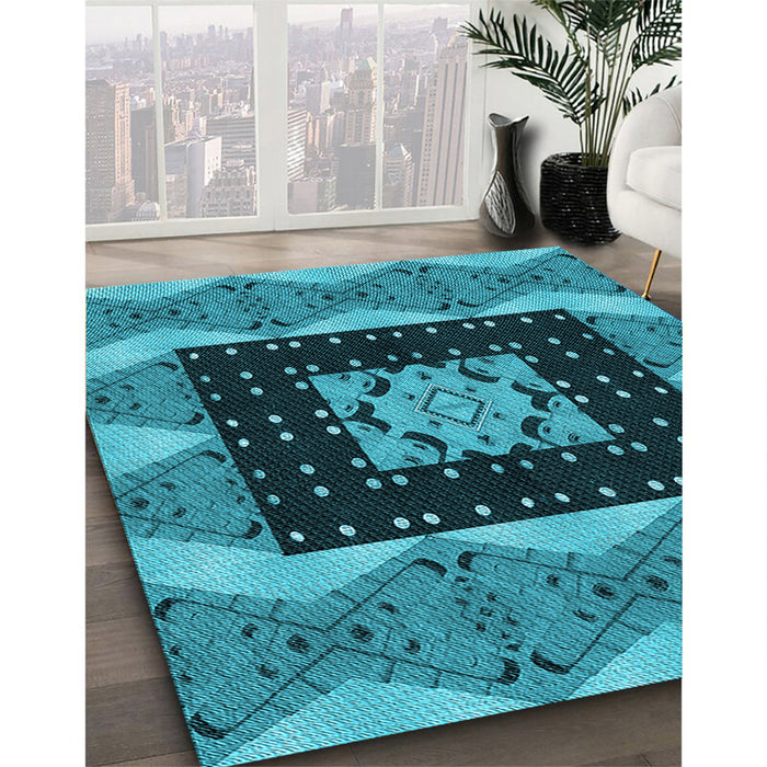 Patterned Bright Turquoise Blue Rug in Family Room, pat231lblu