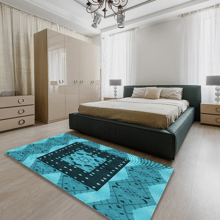 Patterned Bright Turquoise Blue Rug in a Bedroom, pat231lblu