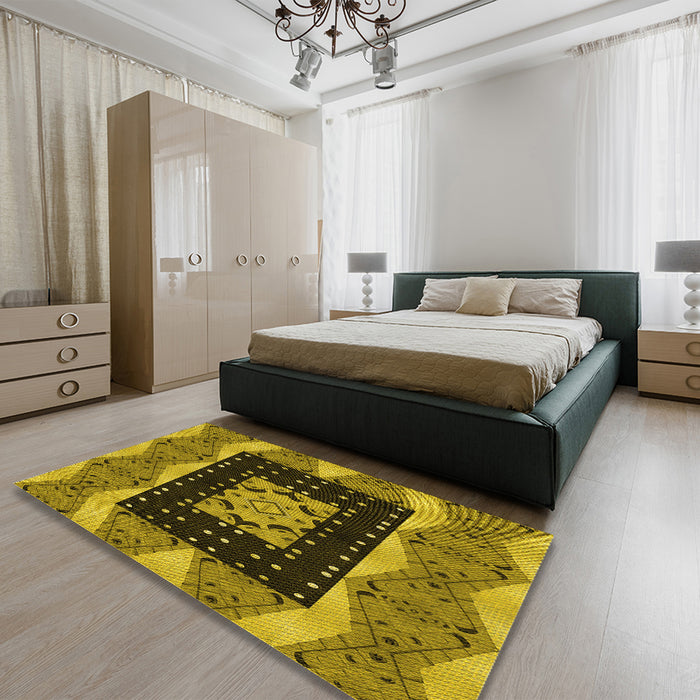 Patterned Yellow Rug in a Bedroom, pat231yw