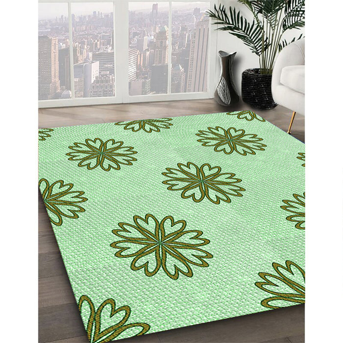 Patterned Green Rug in Family Room, pat2313grn