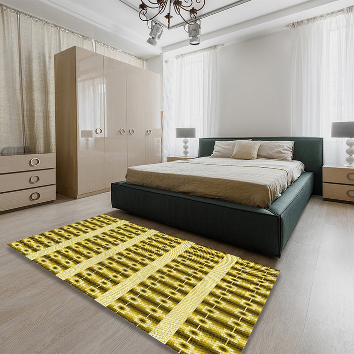 Patterned Dark Yellow Green Rug in a Bedroom, pat2319yw