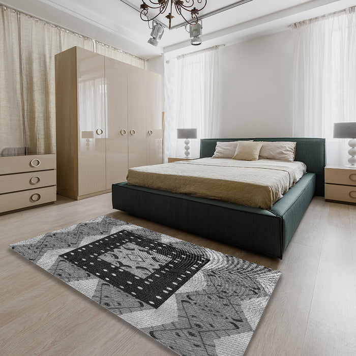 Patterned Dark Gray Novelty Rug in a Bedroom, pat231