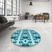 Round Patterned Dark Cyan Green Rug in a Office, pat2320lblu