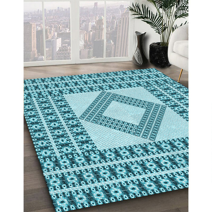 Patterned Dark Cyan Green Rug in Family Room, pat2323lblu