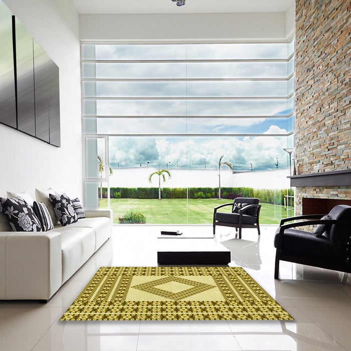 Square Patterned Dark Yellow Green Rug in a Living Room, pat2323yw