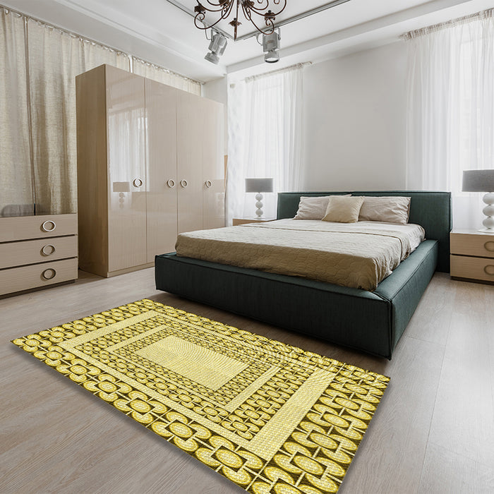 Round Machine Washable Transitional Dark Golden Brown Rug in a Office, wshpat2326yw