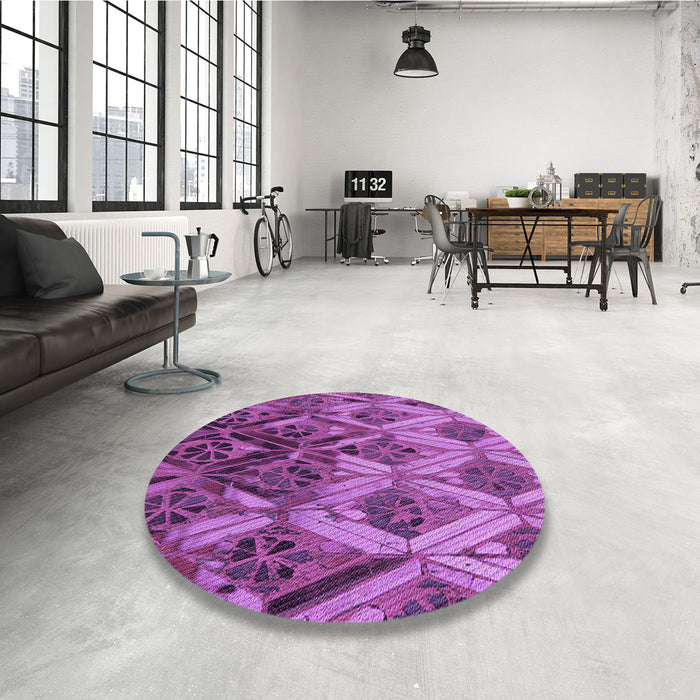 Round Patterned Dark Magenta Purple Rug in a Office, pat2333pur